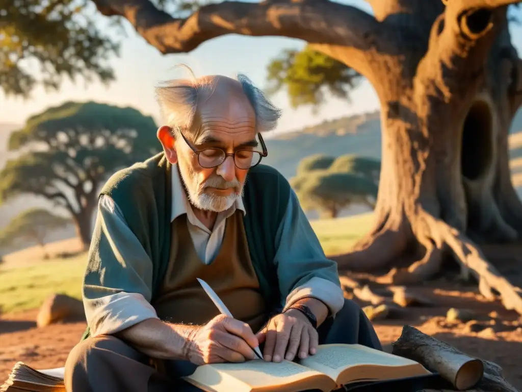 Un anciano poeta escribe versos finales en lenguas moribundas bajo un árbol retorcido, rodeado de tomos antiguos