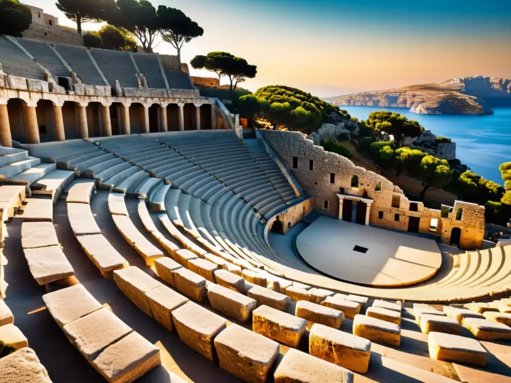 Anfiteatro griego antiguo al atardecer, listo para una obra clásica