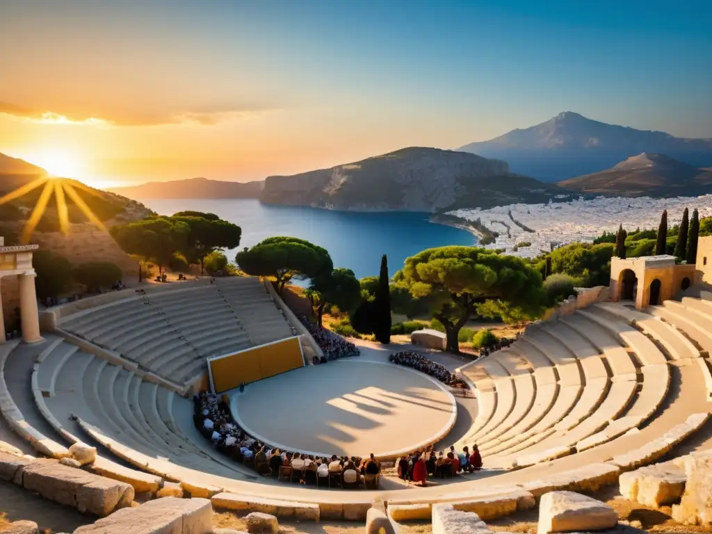 Un anfiteatro griego antiguo rebosante de vida, con montañas majestuosas y un sol poniente