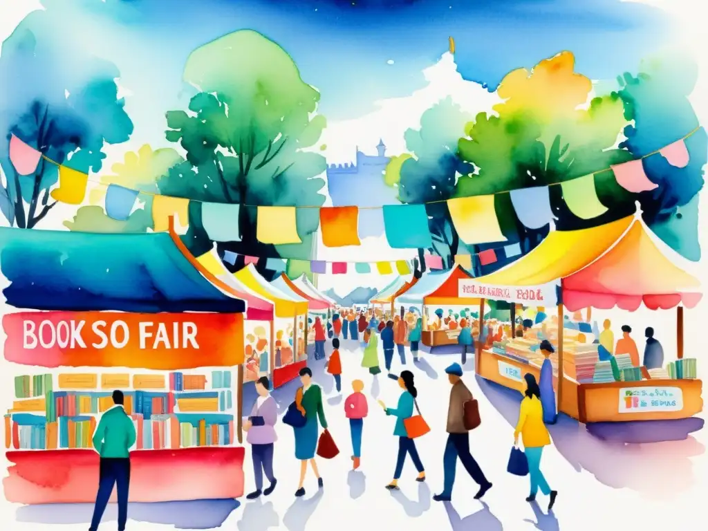 Una animada feria del libro con diversidad lingüística, gente de distintas culturas intercambiando libros y disfrutando de lecturas multilingües