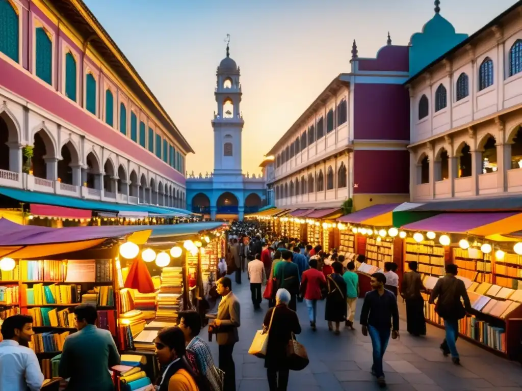 Animada feria del libro promueve libertad de expresión entre coloridos puestos y una majestuosa biblioteca al atardecer