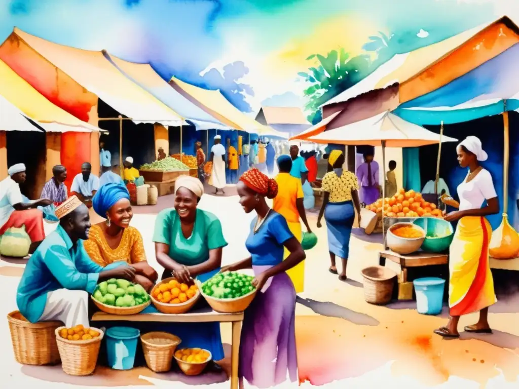 Una animada pintura acuarela de un bullicioso mercado africano, reflejando la riqueza cultural y los movimientos poéticos contemporáneos en África