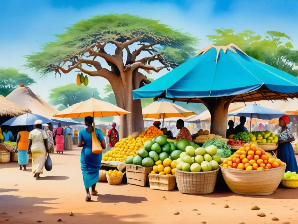 Una animada pintura acuarela muestra un bullicioso mercado africano, con colores vibrantes y la poesía en la vida cotidiana africana