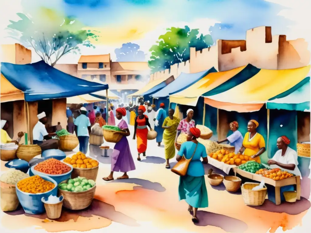 Una animada pintura acuarela de un bullicioso mercado africano, capturando la rica poesía africana francófona contemporánea