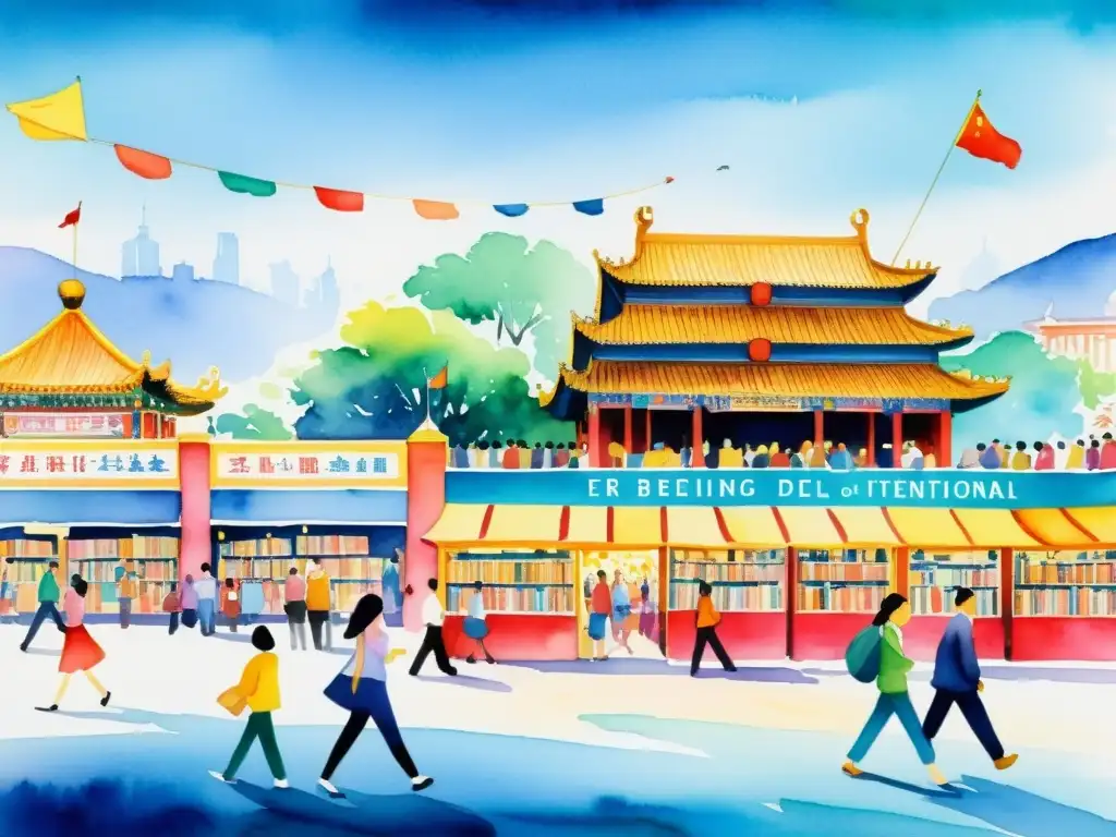 Una animada pintura al acuarela de la Feria Internacional del Libro de Beijing, con autores, lectores y coloridos puestos de libros