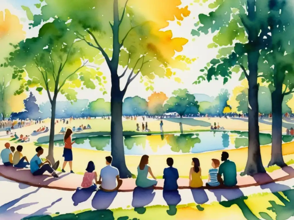 Vibrante reunión poética en el parque Una animada pintura acuarela de un parque soleado lleno de gente, reflejando la promoción de eventos poéticos a través del análisis de datos