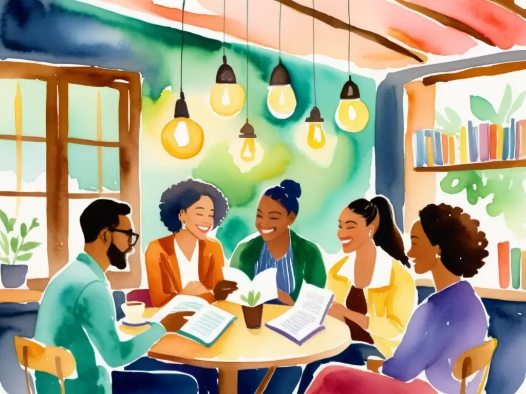 Una animada pintura acuarela de personas diversas en una lectura de poesía en un acogedor café