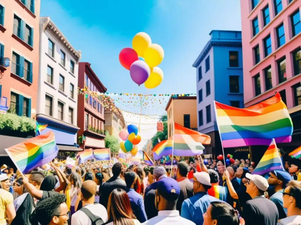 Una animada representación políglota de la poesía LGBTQ+ en un desfile de orgullo, con diversidad y alegría en la ciudad