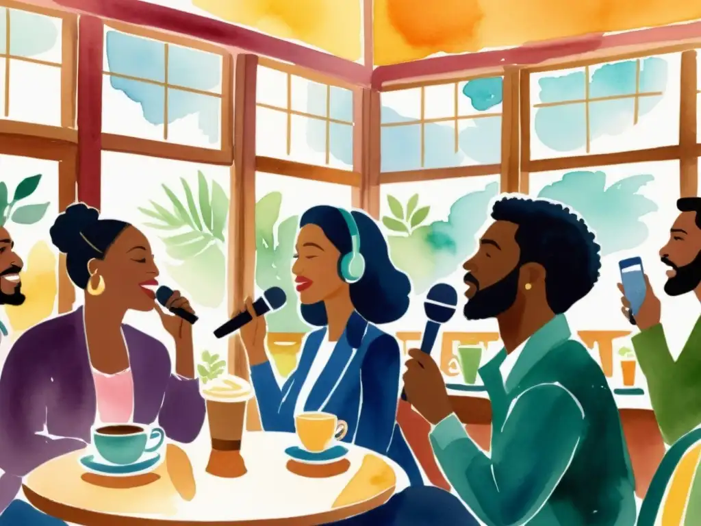 Un animado café donde poetas comparten su arte en comunidad, inspirados por una atmósfera cálida y creativa