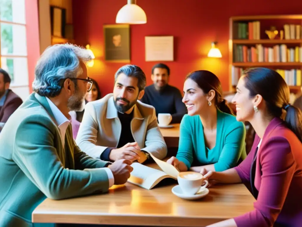 Un animado encuentro de poetas españoles en un café, debatiendo con pasión sobre el Ultraísmo revolución poética española