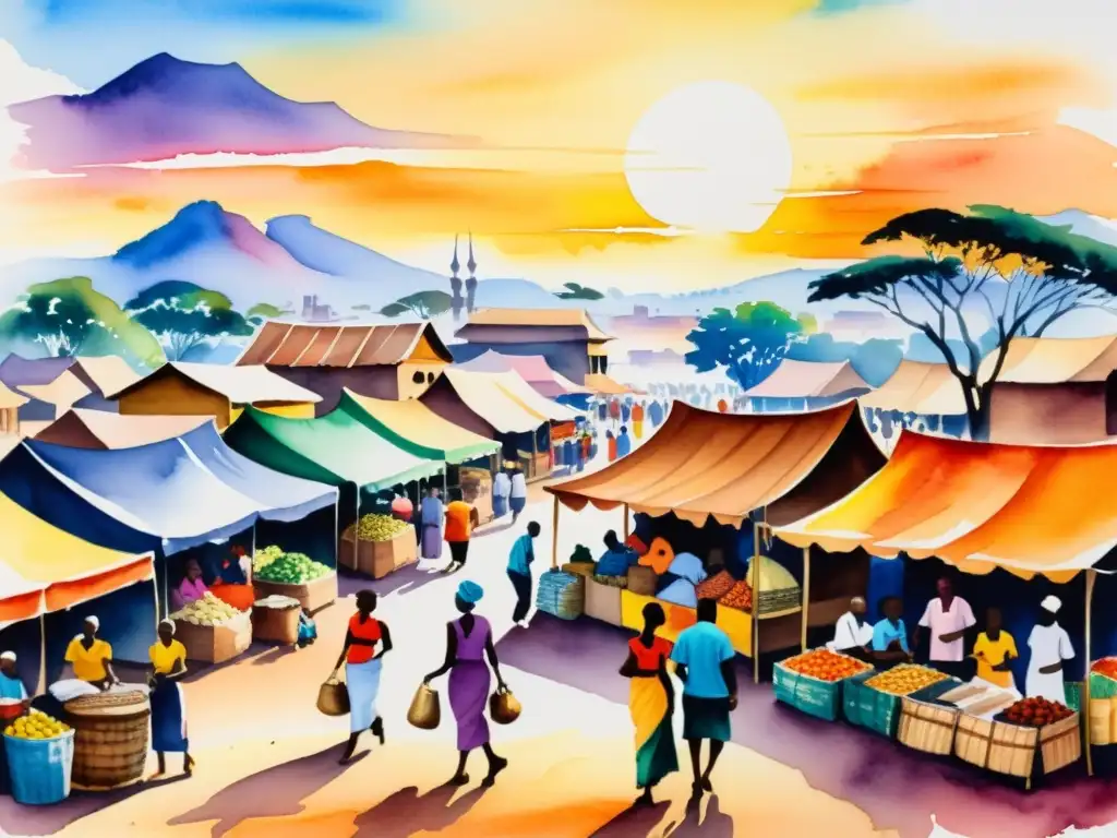Un animado mercado africano, con puestos de colores y gente interactuando bajo la cálida luz del atardecer