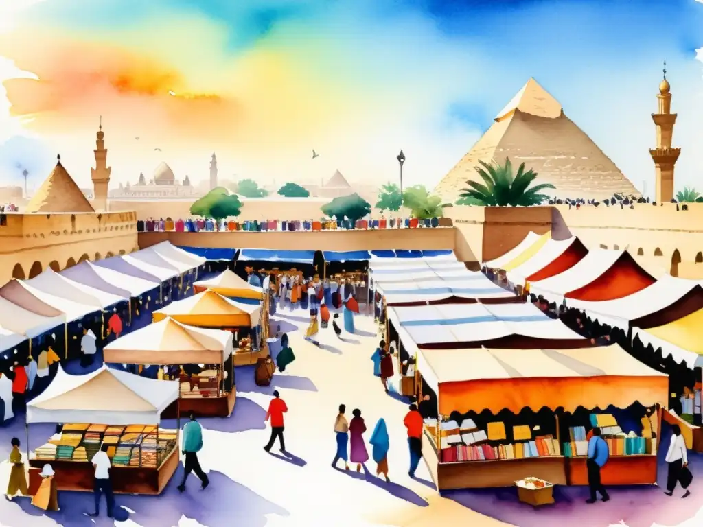 Animado mercado de la Feria del Libro de El Cairo con puestos de poesía y artesanías, junto a las pirámides de Giza al atardecer