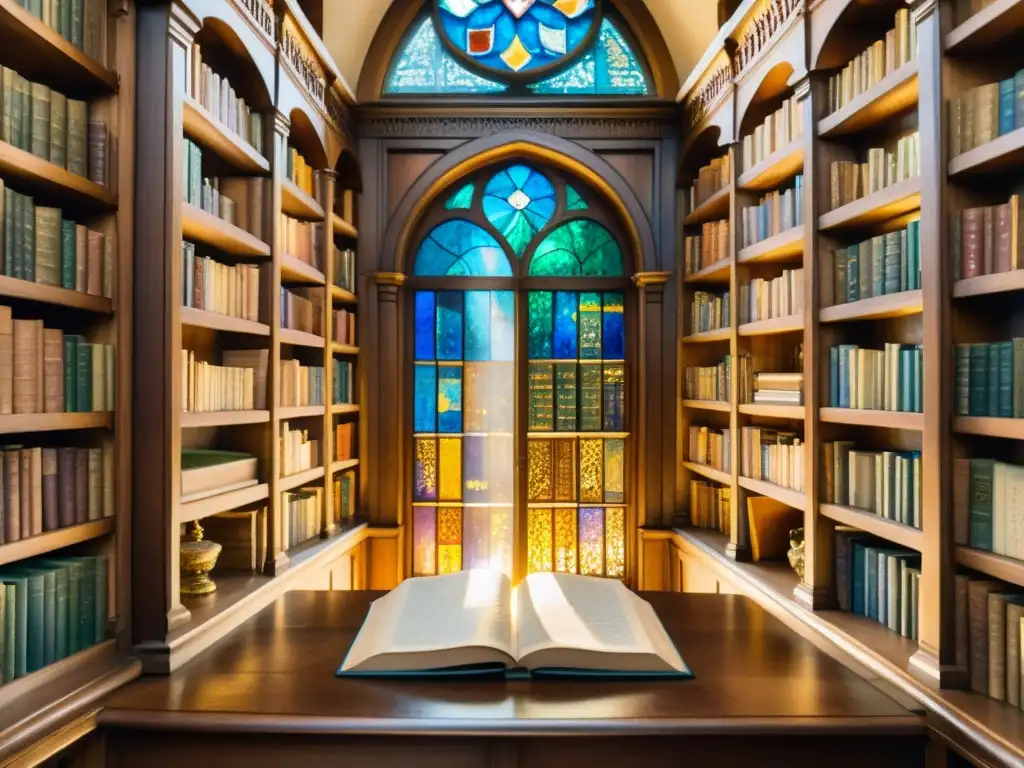 Antigua biblioteca con libros de poesía adornados con oro, luz natural y atmósfera mágica