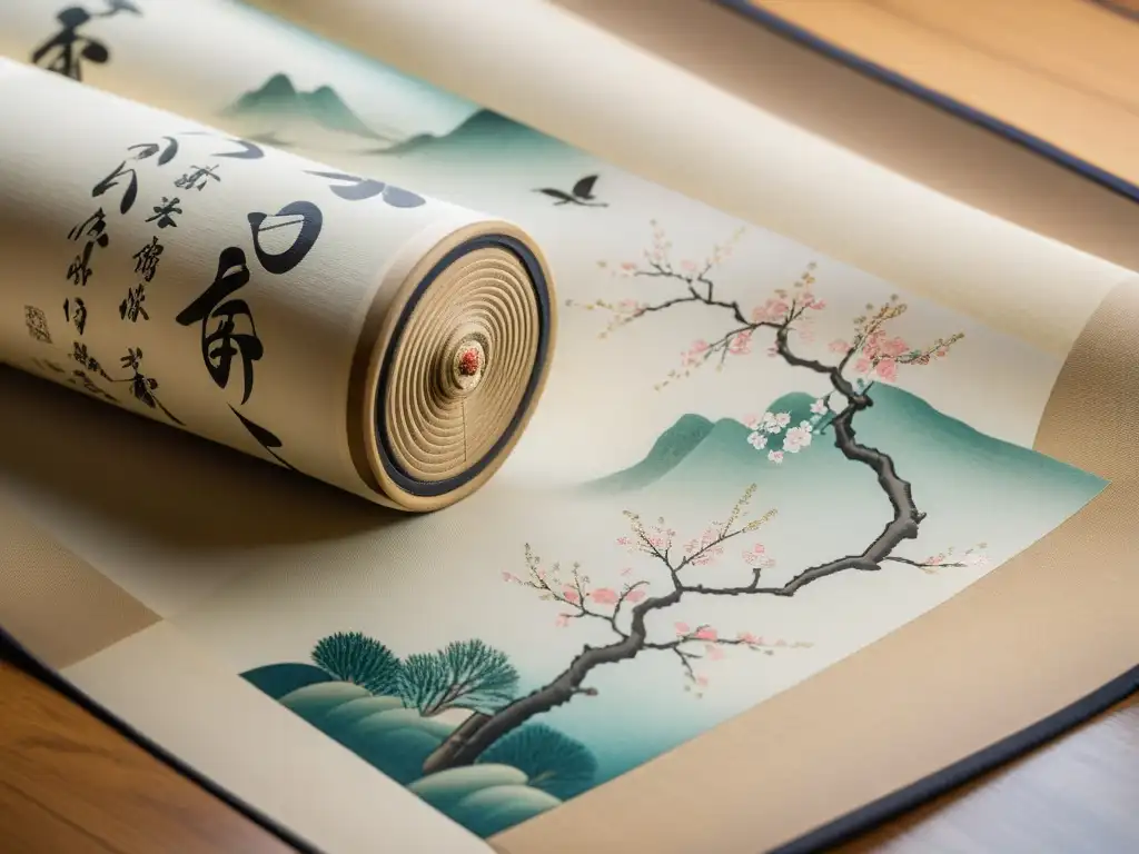 Una antigua colección de poesía japonesa despliega su belleza en un pergamino adornado con delicada caligrafía y dibujos de cerezos en flor