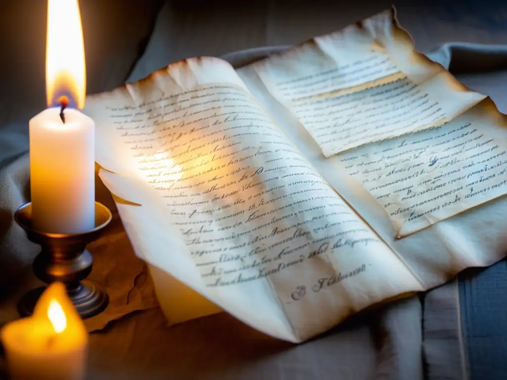 Una antigua pergamino con poesía calligráfica iluminada por luz de vela