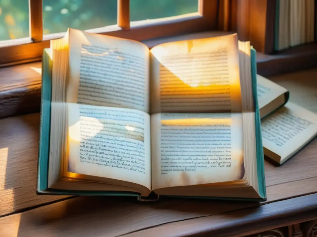 Una antigua poesía multilingüe en páginas amarillentas sobre una mesa de madera iluminada por la luz del atardecer