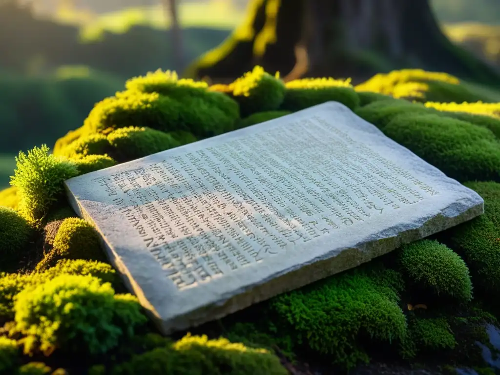 Antigua tableta de piedra con reflexiones profundas poesía filosofía, cubierta de musgo, iluminada por el cálido atardecer