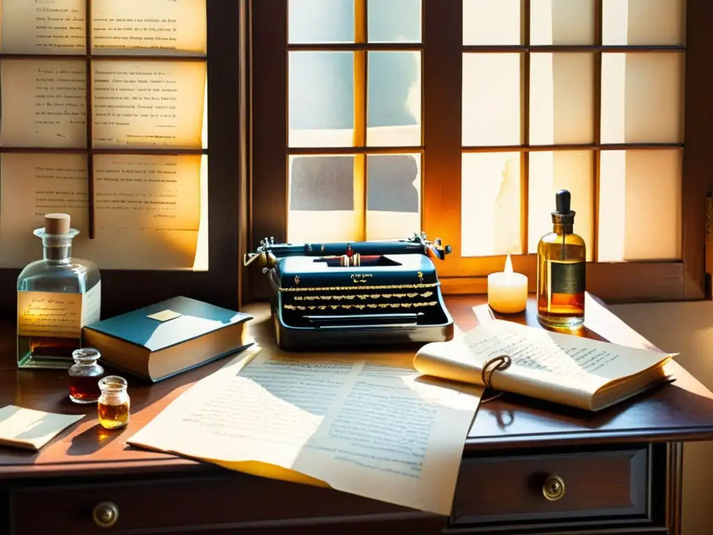 Acuarela detallada de un escritorio vintage con manuscritos de poesía, plumas y tinteros, bañado en cálida luz solar Un antiguo escritorio atiborrado de manuscritos de poesía, plumas y tinteros, bañado por cálida luz solar