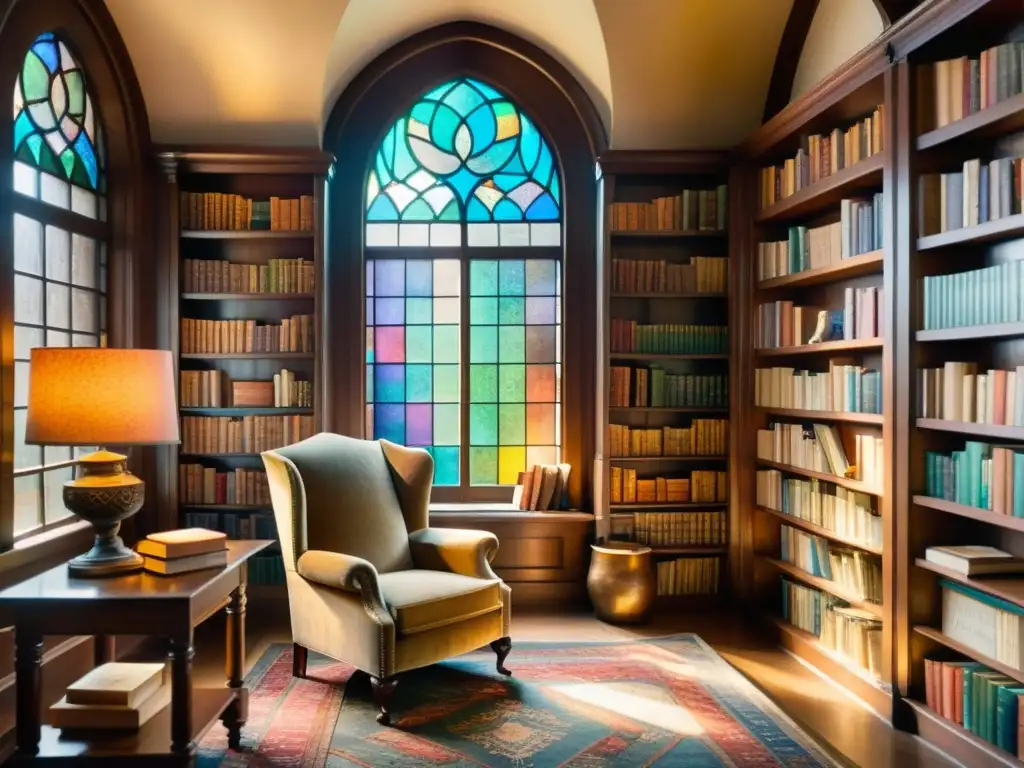 Un antiguo rincón de lectura en una biblioteca llena de libros raros de poesía, bañada por la luz del sol y una atmósfera de nostalgia y reverencia