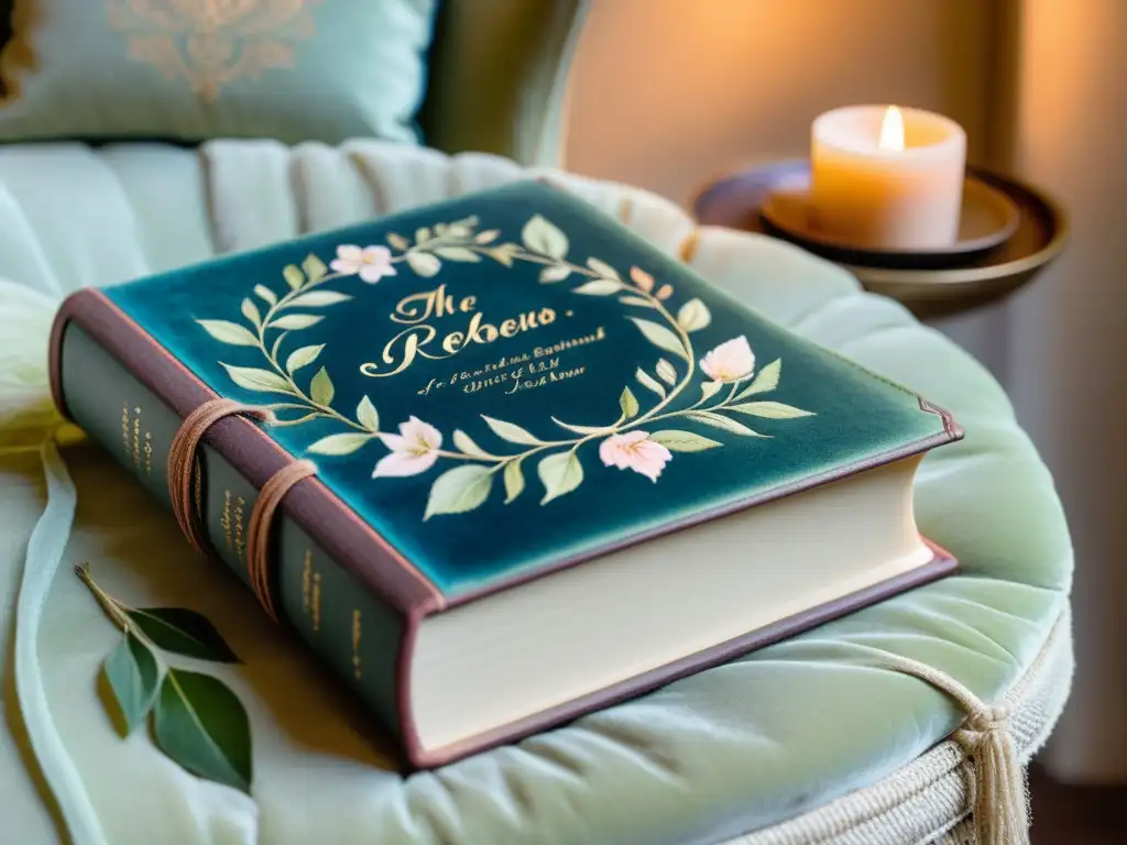 Un antiguo libro de cuero descansa en un cojín de terciopelo, sus páginas adornadas con caligrafía e ilustraciones de acuarela de flores y enredaderas