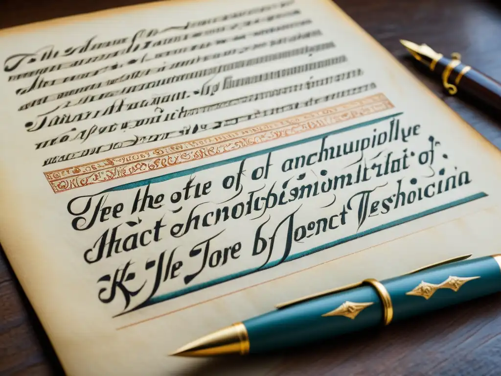 Antiguo manuscrito de Esticomitia en la poesía mundial: versos caligráficos en pergamino envejecido, con ilustraciones delicadas y colores ricos