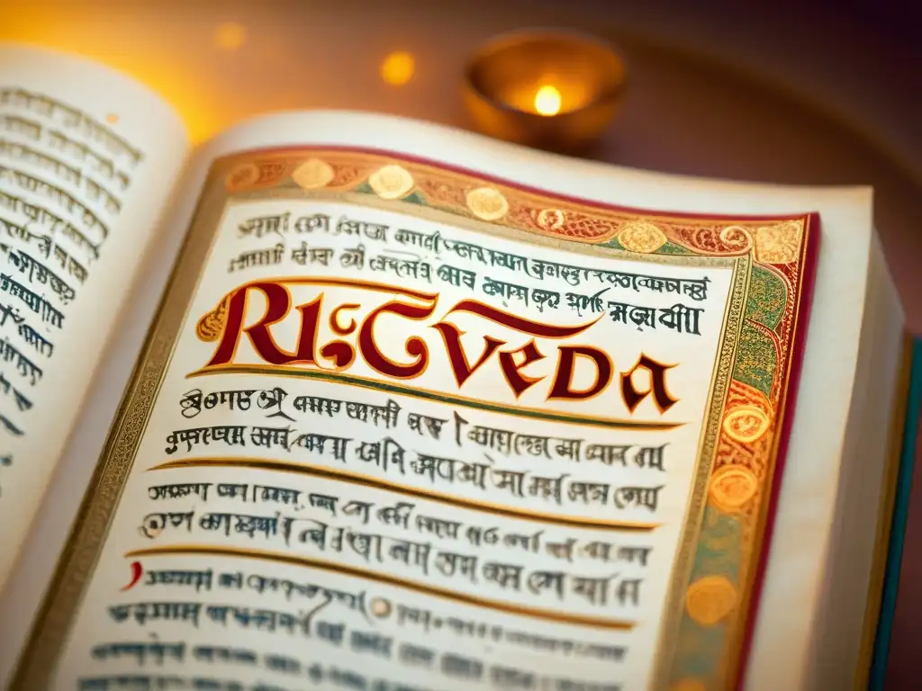 Antiguo manuscrito sánscrito del Rigveda con caligrafía delicada y elementos decorativos, bañado por una suave luz dorada