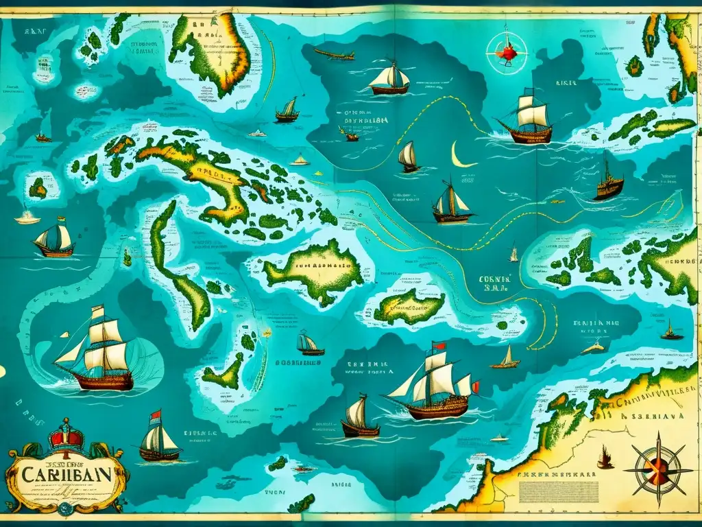 Un antiguo mapa detallado del Mar Caribe, con ilustraciones de monstruos marinos y barcos