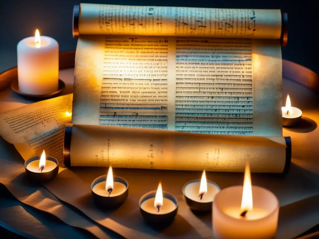 Antiguo poema de amor hebreo en pergamino iluminado por velas, evocando erotismo y espiritualidad en poesía hebrea