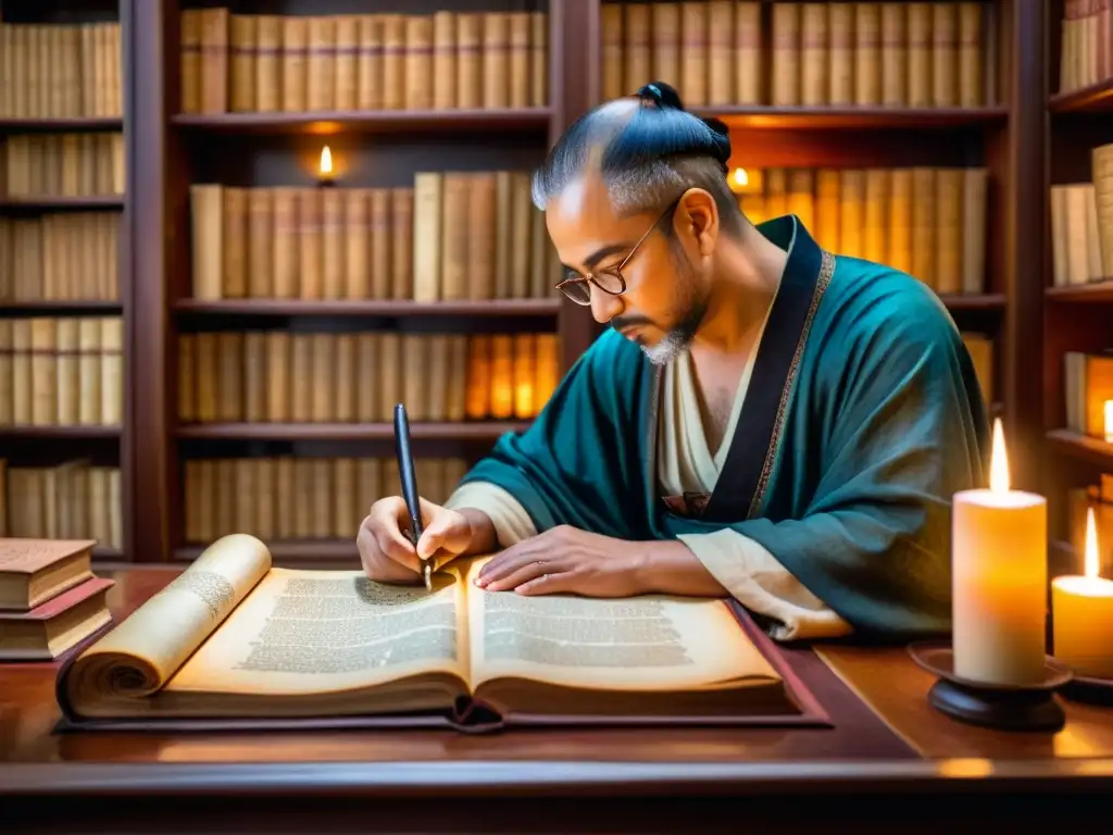 Un antiguo escriba inscribe versos poéticos en un pergamino, rodeado de libros encuadernados en cuero y luz de velas