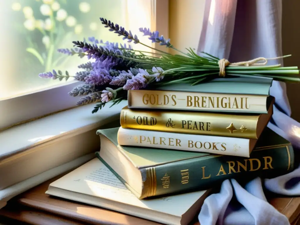 Una apacible acuarela de libros antiguos rodeados de flores, bañados por la cálida luz del sol