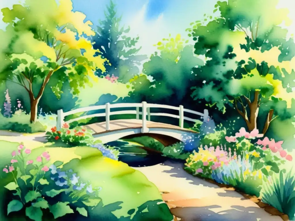 Jardín sereno: pintura acuarela de naturaleza tranquila Un apacible jardín de colores vibrantes y exuberante vegetación, con un puente sobre un arroyo tranquilo
