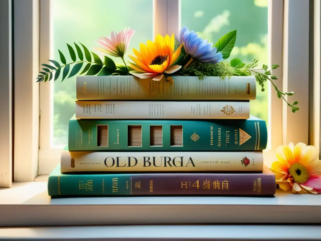 Una apacible pintura en acuarela de libros antiguos, con lomos coloridos y diseños florales, bañados por la luz del sol