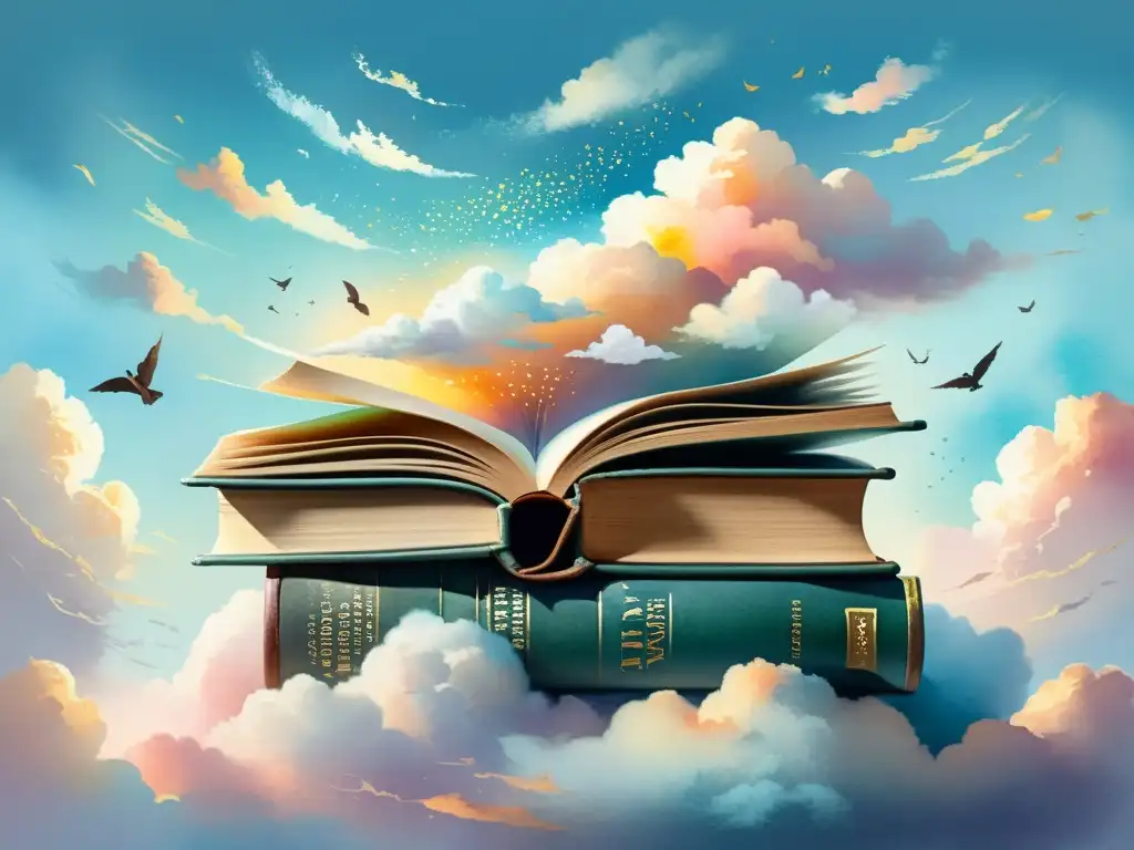 Apacible pintura acuarela de libros antiguos en una nube, con versos flotando hacia el cielo