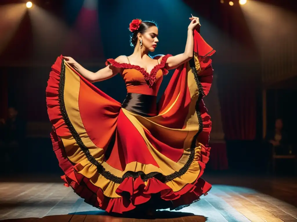 Una apasionada bailarina flamenca en un escenario con colores cálidos y movimiento vibrante