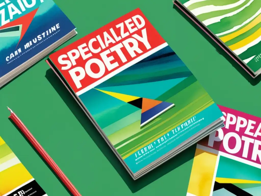 Apiladas revistas poesía formato multimedia aceptan, con portadas visualmente impactantes y experimentales en acuarela vibrante