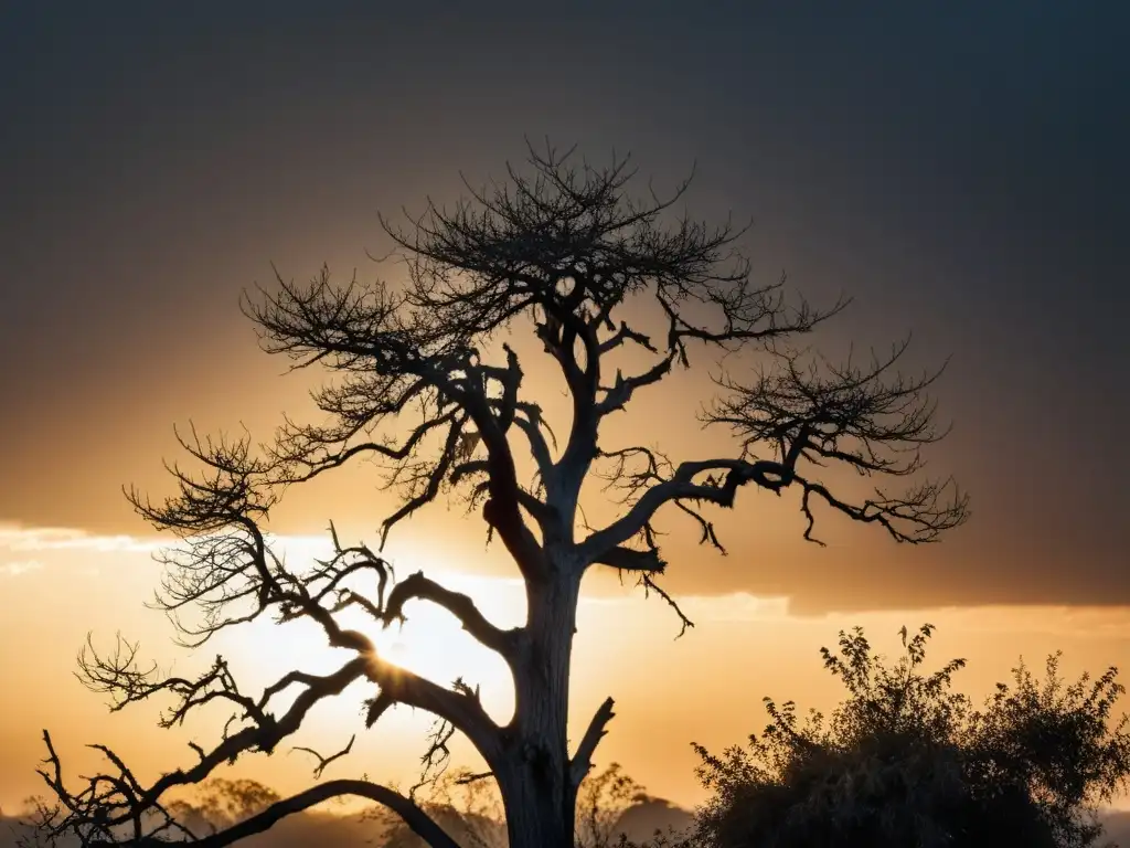 Devastador impacto del cambio climático en un árbol marchito bajo un cielo de smog Un árbol marchito se yergue contra un cielo cargado de smog, el sol apenas visible
