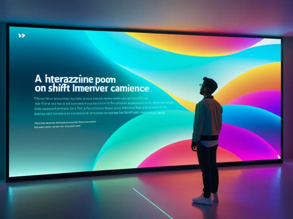 Arte digital interactivo con poesía en pantalla, colores vibrantes y efectos visuales dinámicos que responden a la interacción del usuario