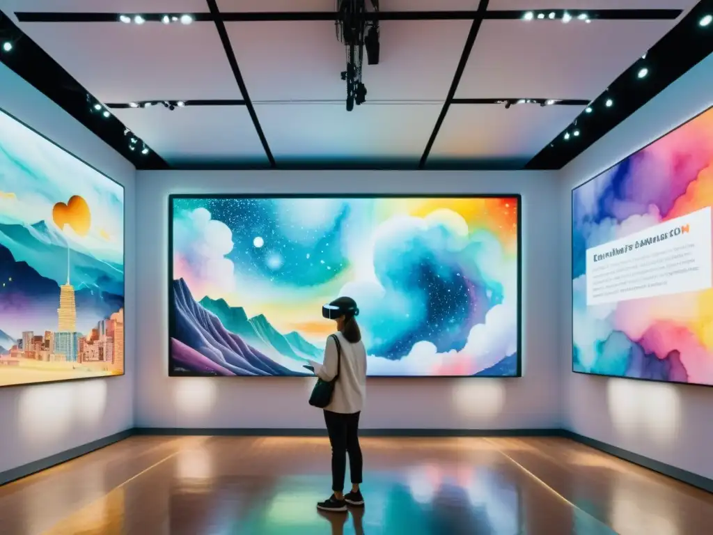 Exhibición de arte digital con NFTs poéticos interactivos en acuarela detallada, vibrante y futurista