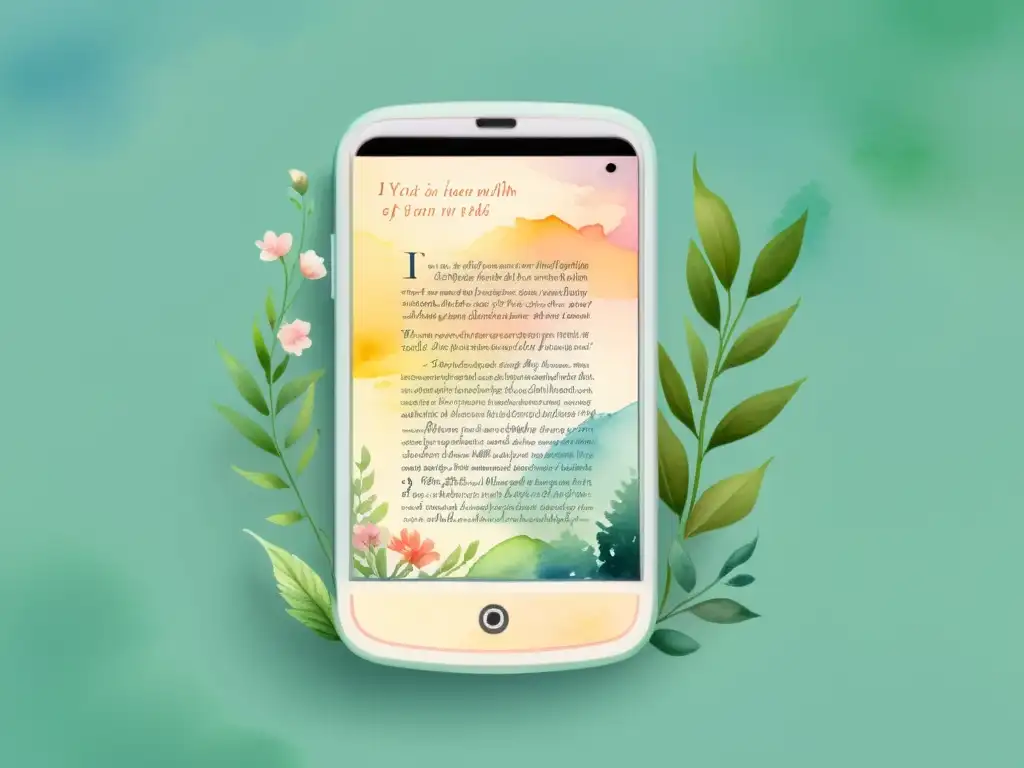 Arte acuarela de móvil con app de poesía, versos rodeados de delicadas flores y colores suaves, invita a publicar poesía apps audiencia global