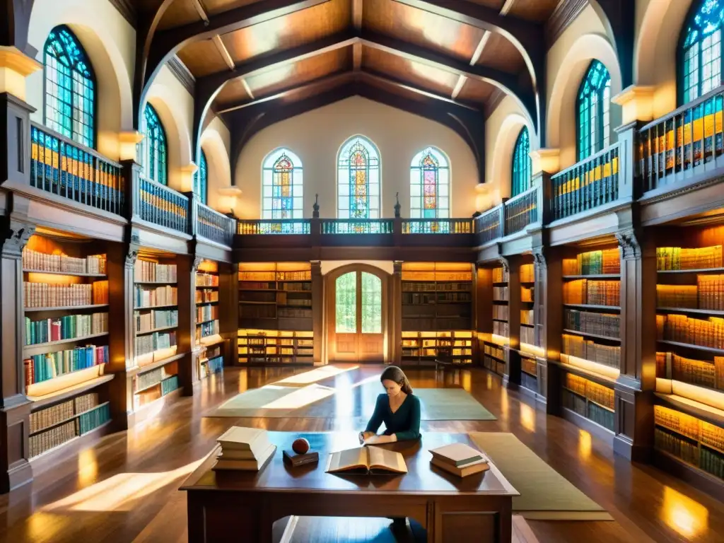 Arte de recordar versos poesía: Detalle de pintura acuarela de biblioteca antigua con libros y luz solar filtrándose por vitrales