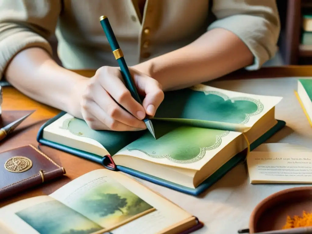 Un artesano restaura con destreza la cubierta de cuero gastado de un antiguo libro de poesía