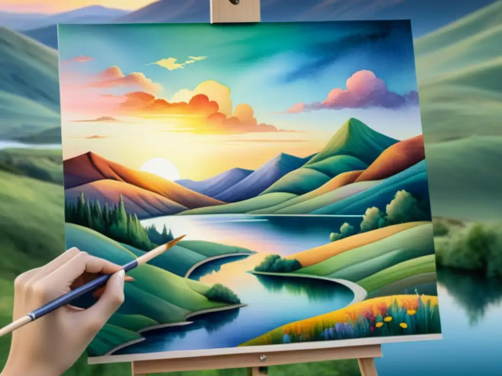 Pintura acuarela: paisaje vibrante y poético Un artista pinta con delicadeza un paisaje acuarela vibrante, con colinas, un lago sereno y un cielo de atardecer