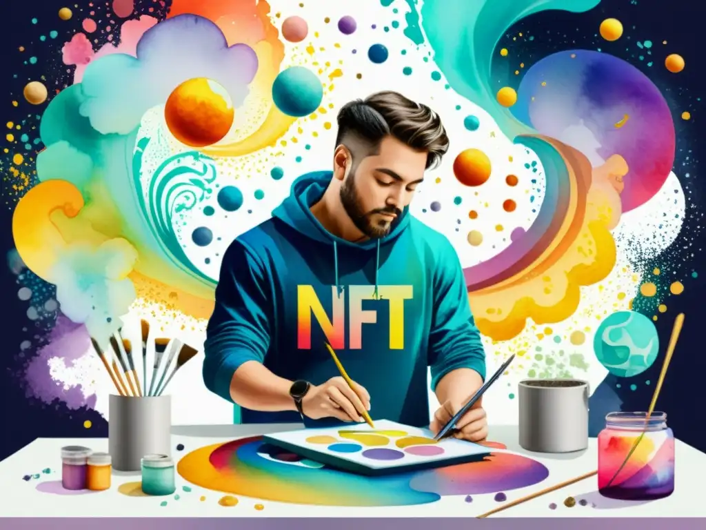 Artista digital crea un NFT en una atmósfera vibrante de inspiración y elementos artísticos, reflejando el impacto de NFTs en la propiedad poética