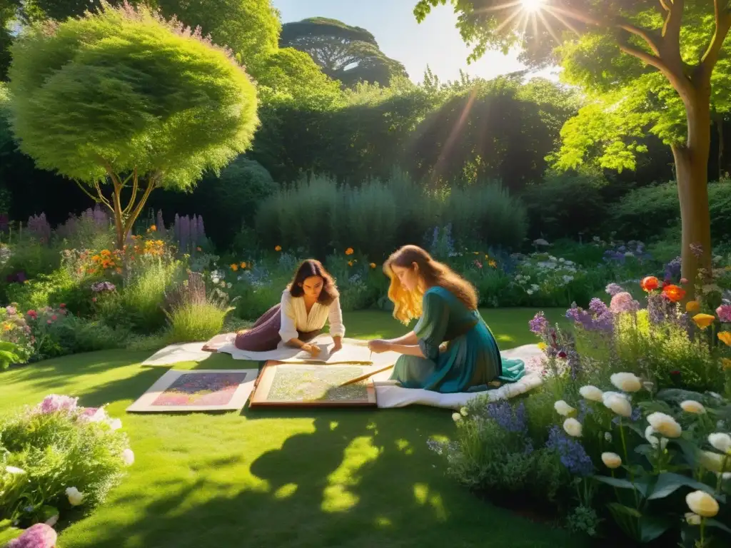 Artistas PreRafaelitas capturan la belleza ideal en poesía victoriana en un jardín soleado con flores vibrantes y verdor exuberante