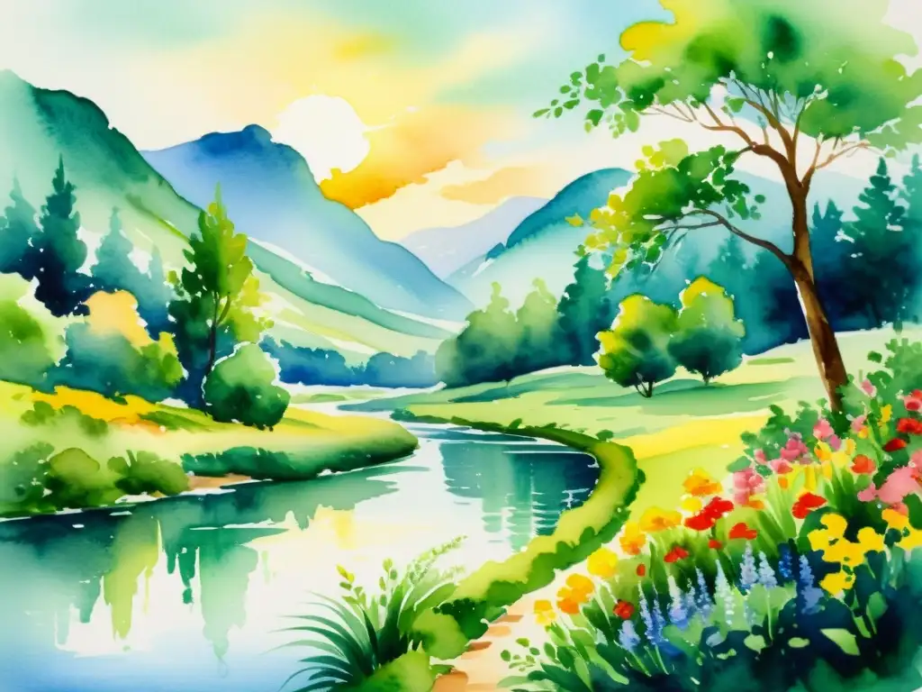 Una asombrosa pintura en acuarela de un sereno paisaje natural, con un río tranquilo que serpentea entre exuberante vegetación y flores vibrantes