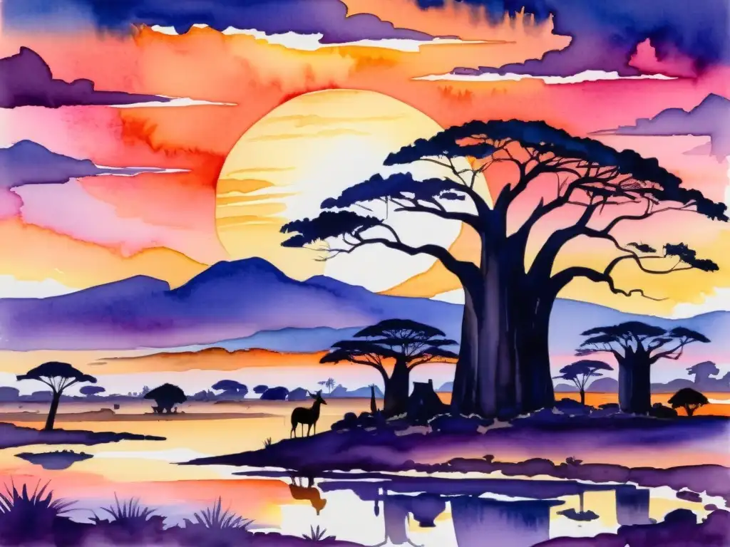 Un atardecer africano vibrante con siluetas de baobabs y chozas tradicionales en primer plano, bajo un cielo de púrpuras, naranjas y rosas