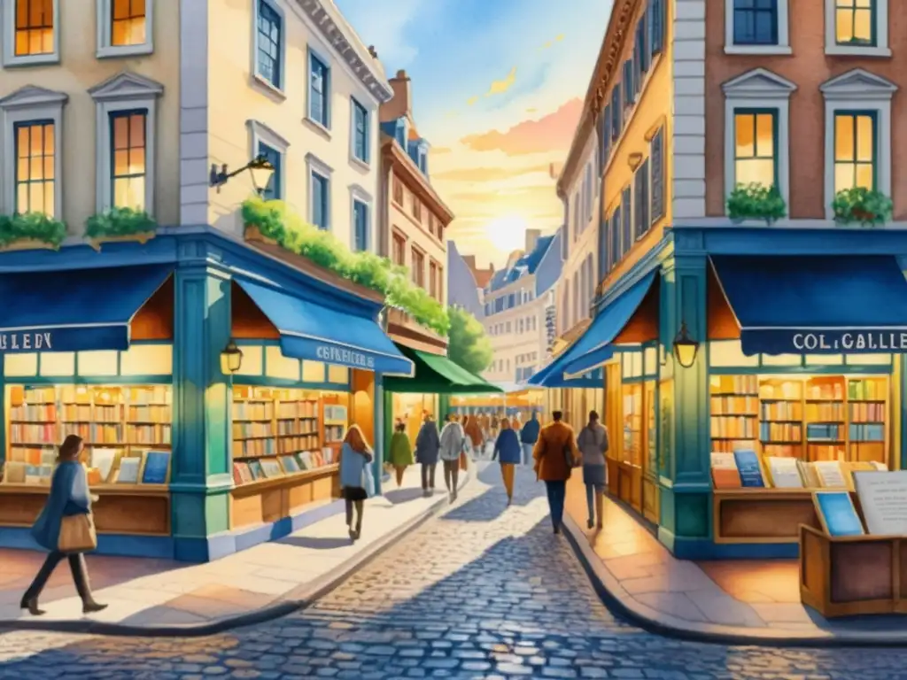 Un atardecer dorado ilumina una bulliciosa calle urbana llena de librerías, cafés y galerías de arte