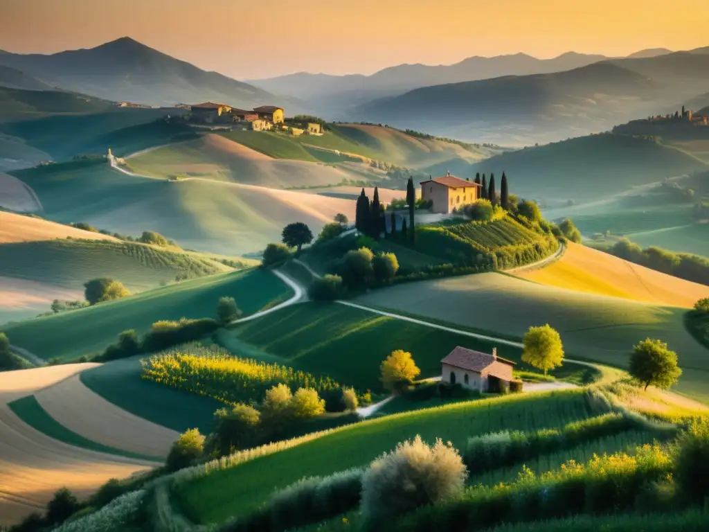 Un atardecer dorado baña la campiña italiana con una serena belleza