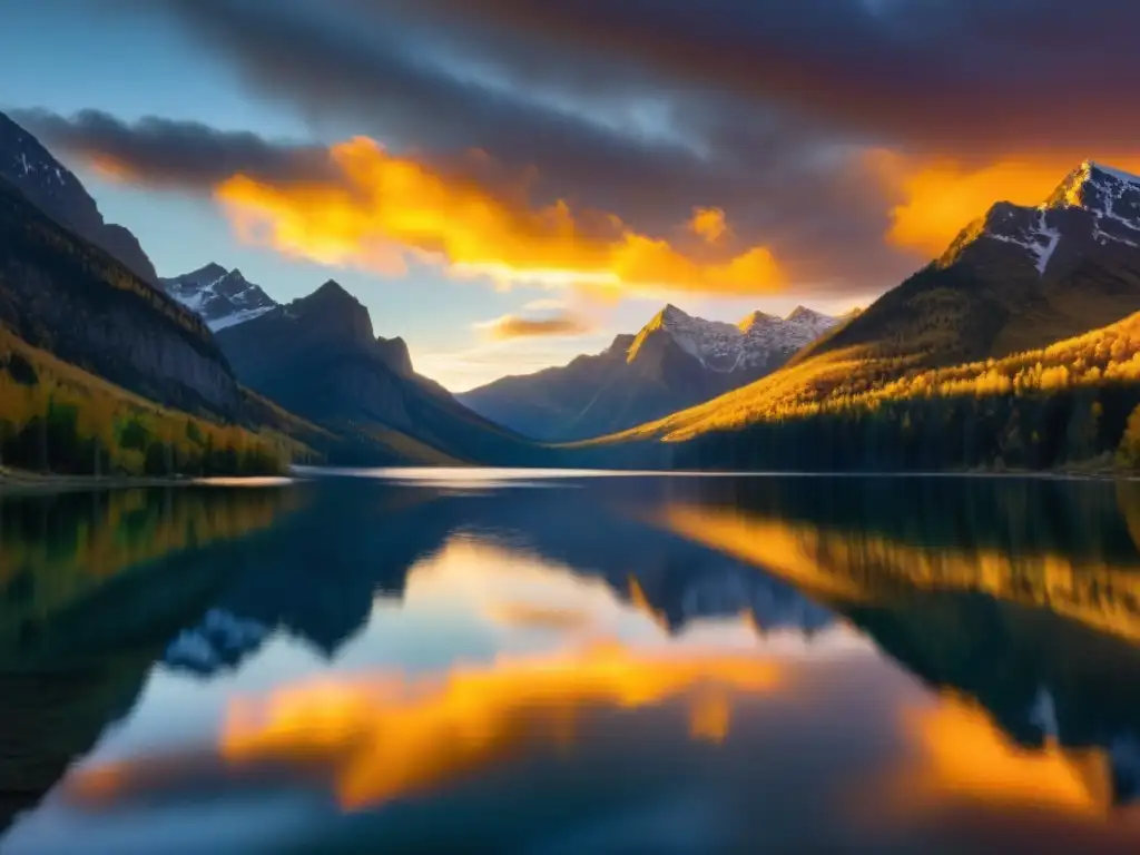 Un atardecer dorado ilumina un lago sereno entre montañas, reflejando el cielo y creando una escena de amor en verso poesía