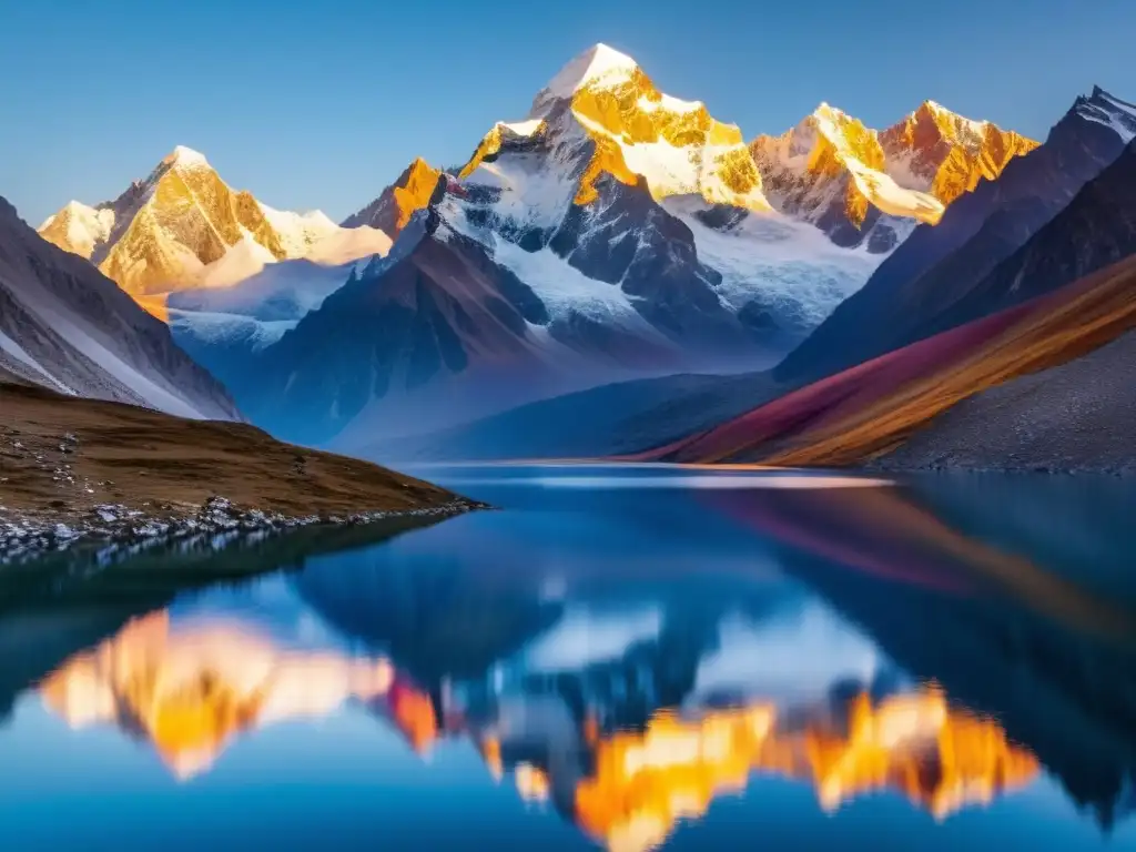 Un atardecer dorado en los picos nevados del Himalaya, reflejados en un lago alpino